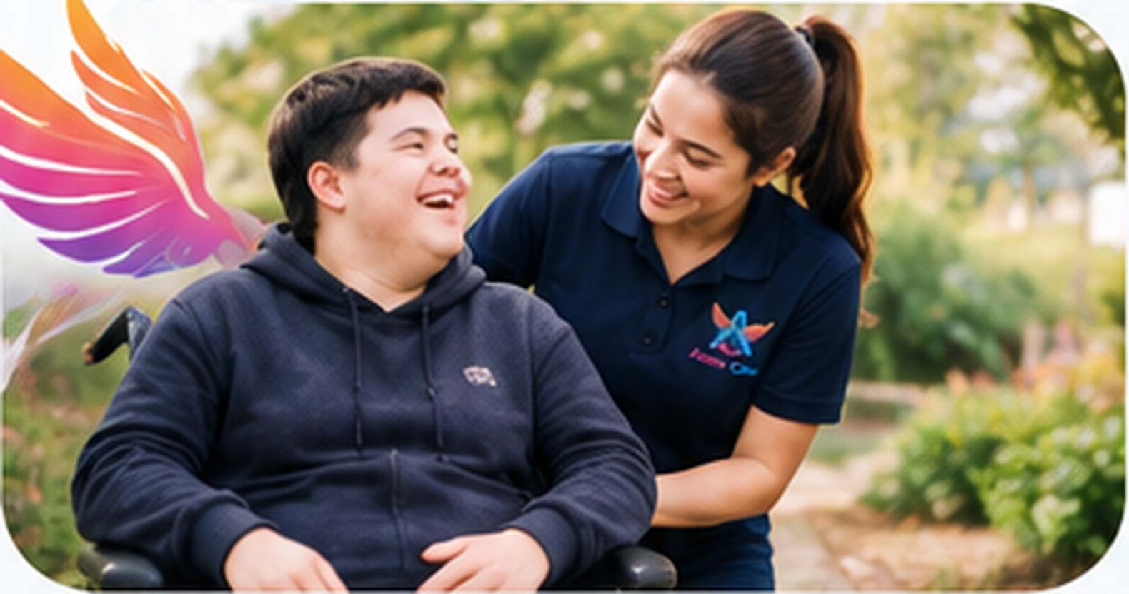 An Avion Care support worker laughing with a young participant in a garden